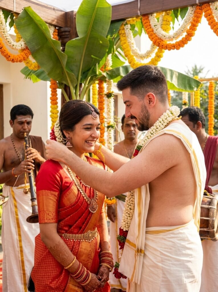 Groom tying the thali around the bride during a South Indian muhurtham