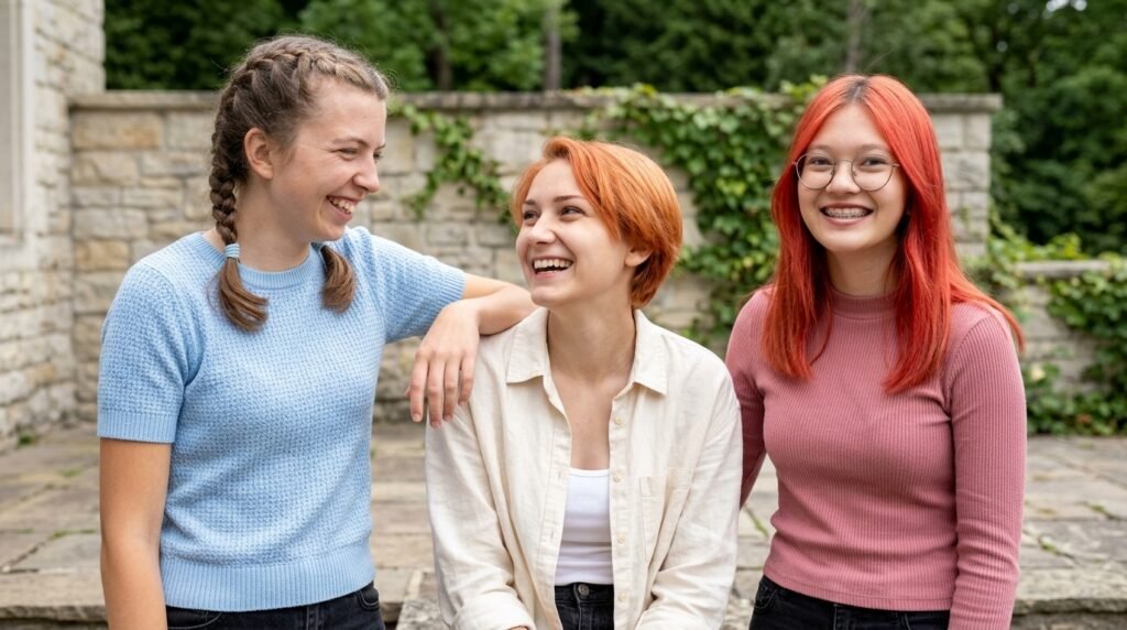 Three friends sitting with visible spacing on a low wall in afternoon light