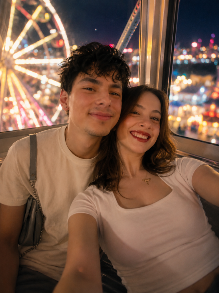 Couple leaning together inside a Ferris wheel cabin with warm carnival lights at night