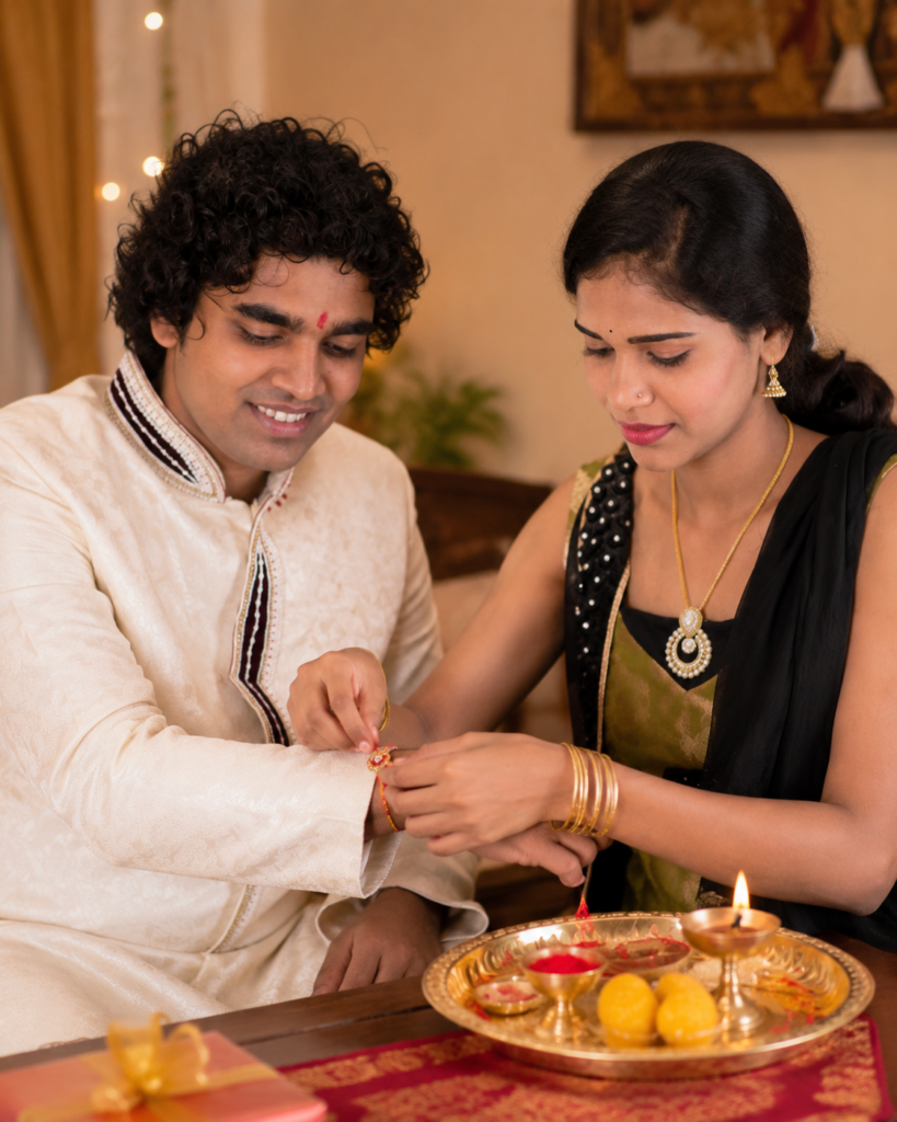 Sister tying a rakhi on her brother's wrist during Raksha Bandhan