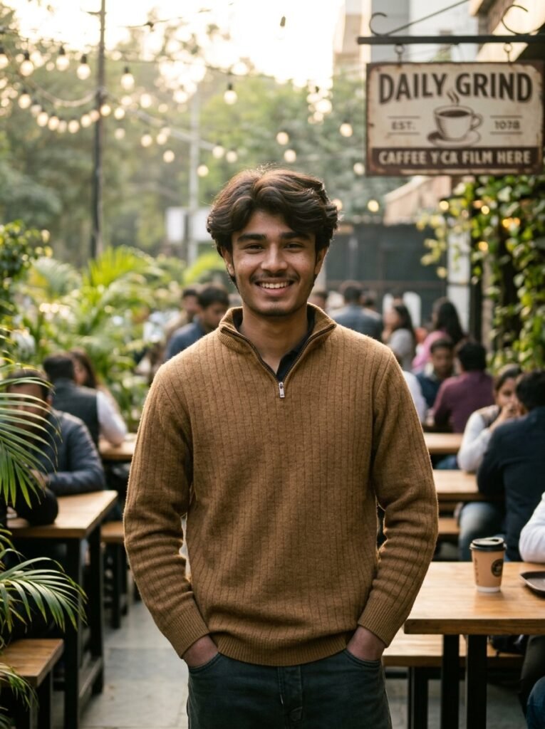 Gemini AI lifestyle photo prompt example in a warm cafe or outdoor setting with soft natural light, background depth, and clean social media detail
