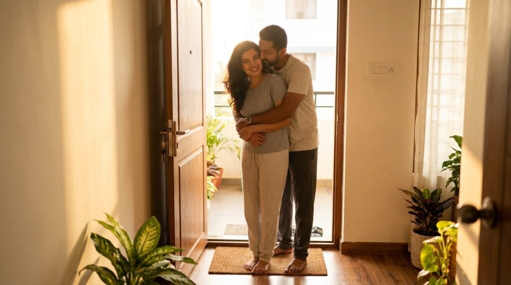 Man hugging woman from behind at a sunlit doorway with morning light streaming in