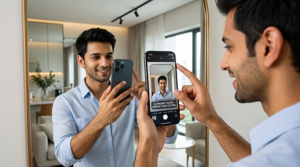 Mirror photo AI prompts example with realistic reflection, natural phone angle, clean room lighting, outfit detail, and Instagram-ready photo quality
