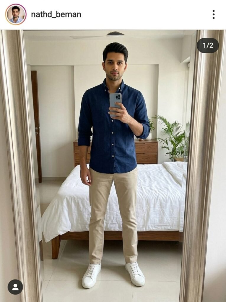 Outfit mirror photo prompt example with full body framing, clear outfit detail, accurate reflection, clean room background, and soft indoor lighting