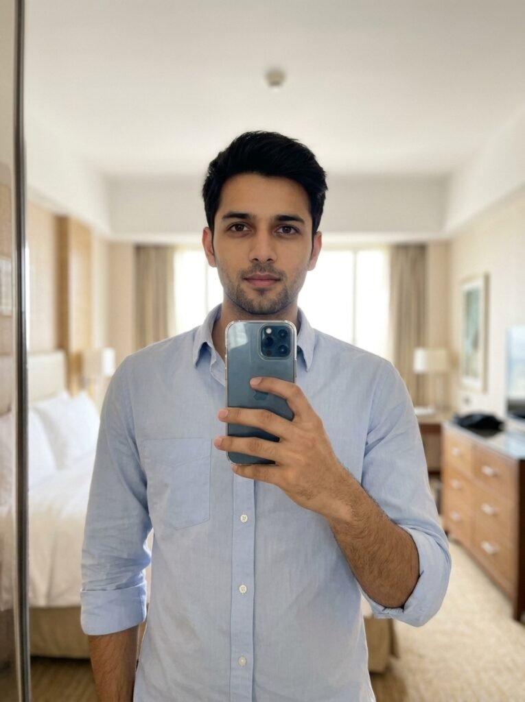 Realistic mirror photo prompt example showing accurate reflection, natural phone angle, soft indoor lighting, and clean outfit detail