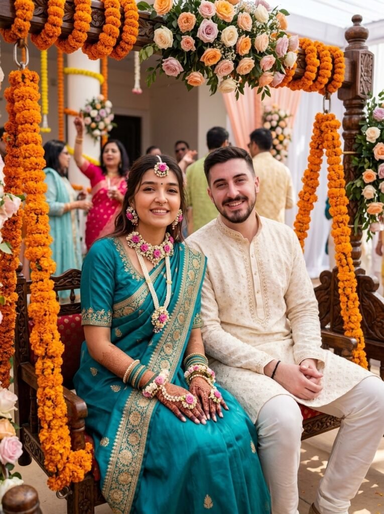 Mother-to-be and partner seated together at a traditional godh bharai ceremony