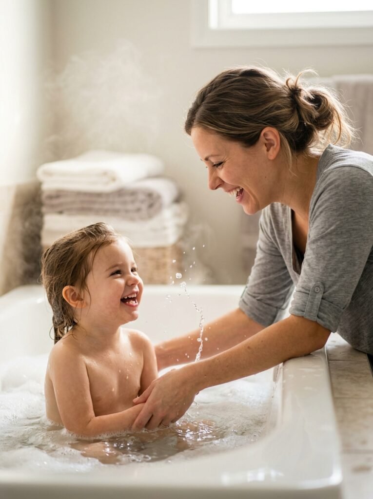 Mother and toddler daughter laughing together at bath time