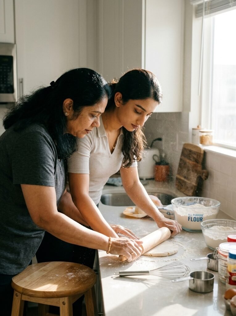 Mother and young daughter rolling dough together in a kitchen