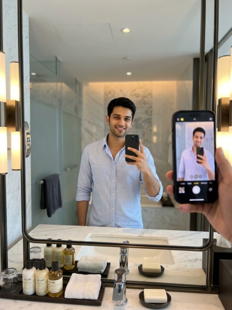Premium mirror photo prompt example with realistic reflection, natural angle, room depth, balanced colors, and sharp social media composition
