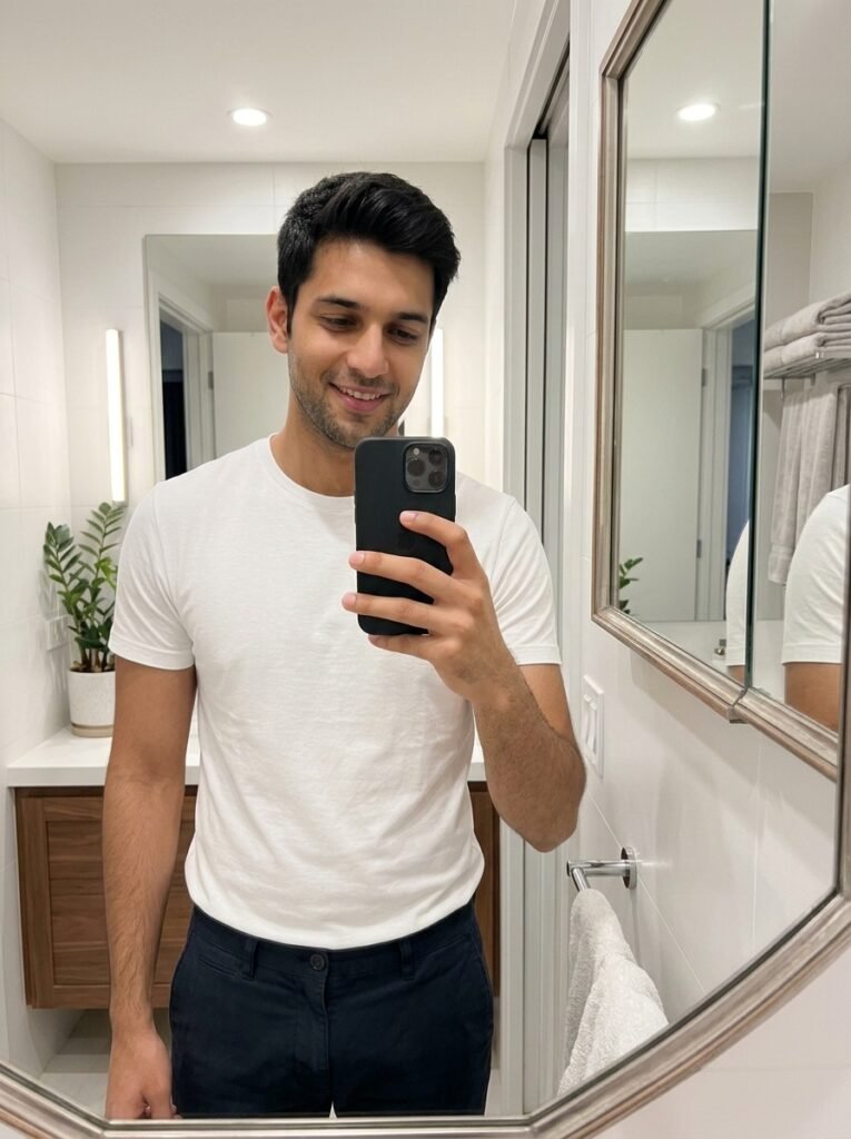 Mirror photo angle fix prompt example with realistic reflection, relaxed pose, clean outfit detail, soft indoor light, and polished social media quality