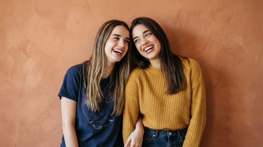 Two best friends laughing together in a warm natural portrait