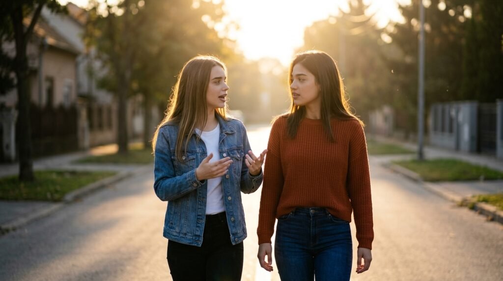 Two friends walking and talking on a quiet street at golden hour