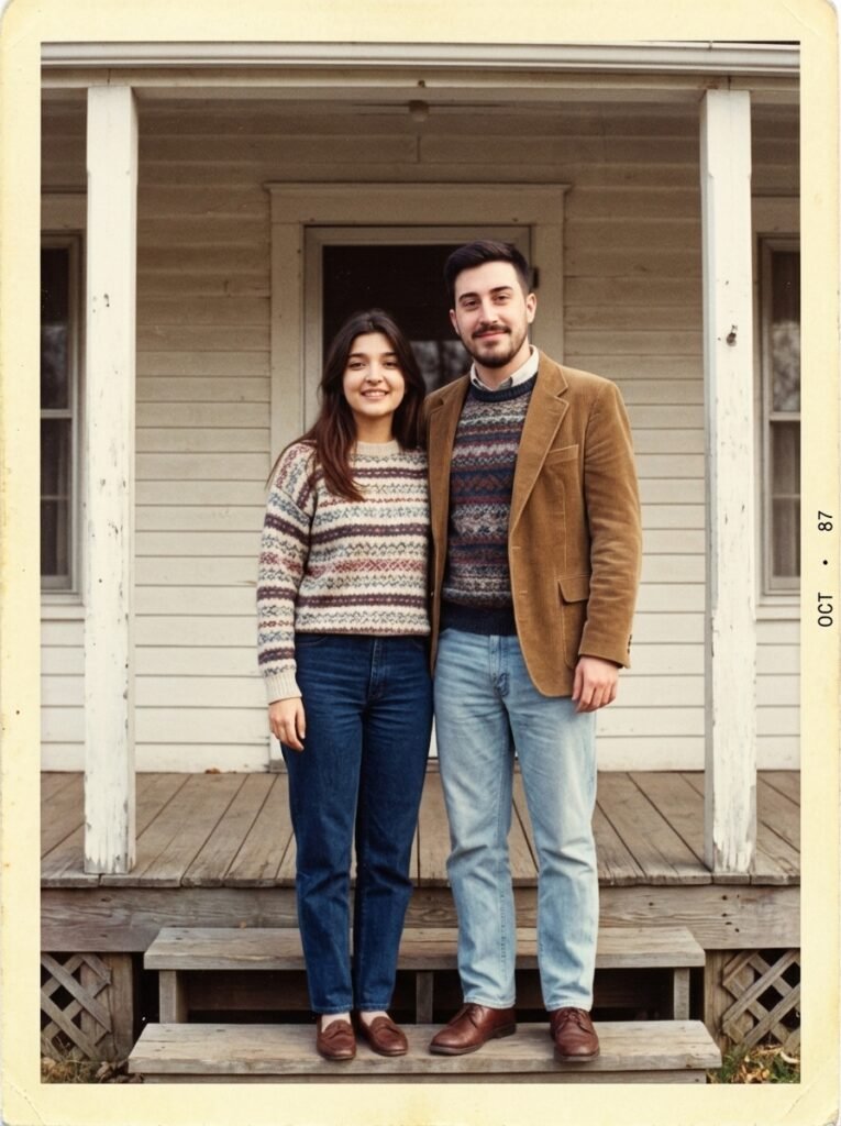 Couple posing in front of an old house in a faded 1980s family album style