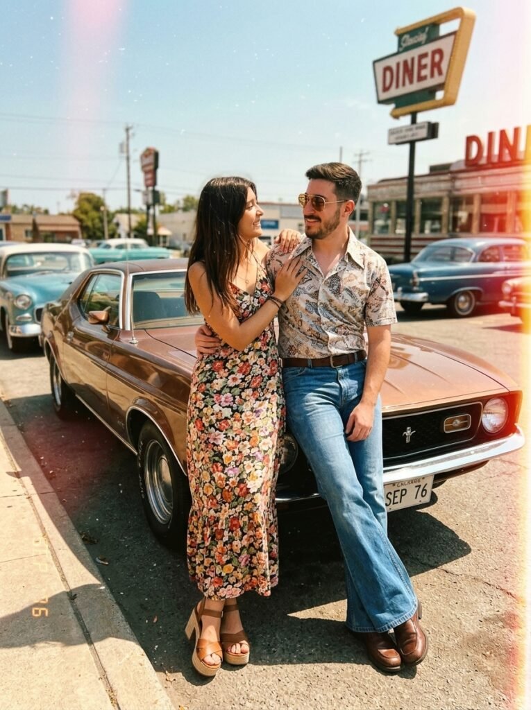 Couple leaning against a vintage car in a faded 1970s Kodak-style photo