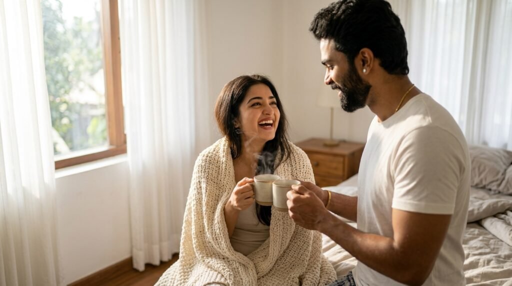 Romantic couple sharing coffee beside a bright bedroom window