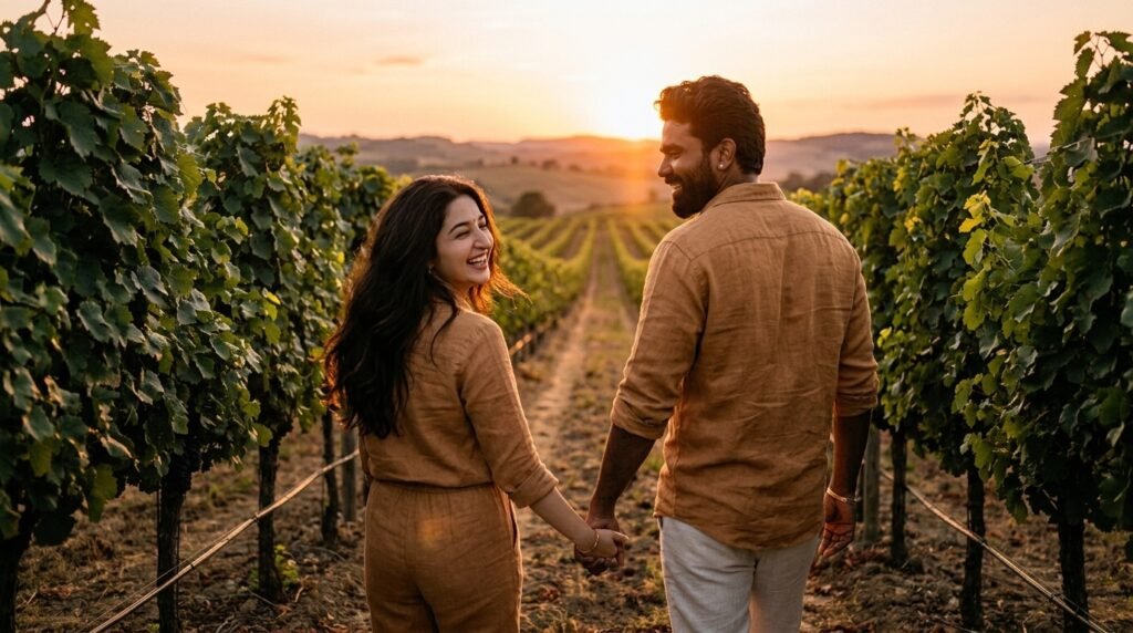 Romantic couple walking hand in hand through a vineyard at golden hour
