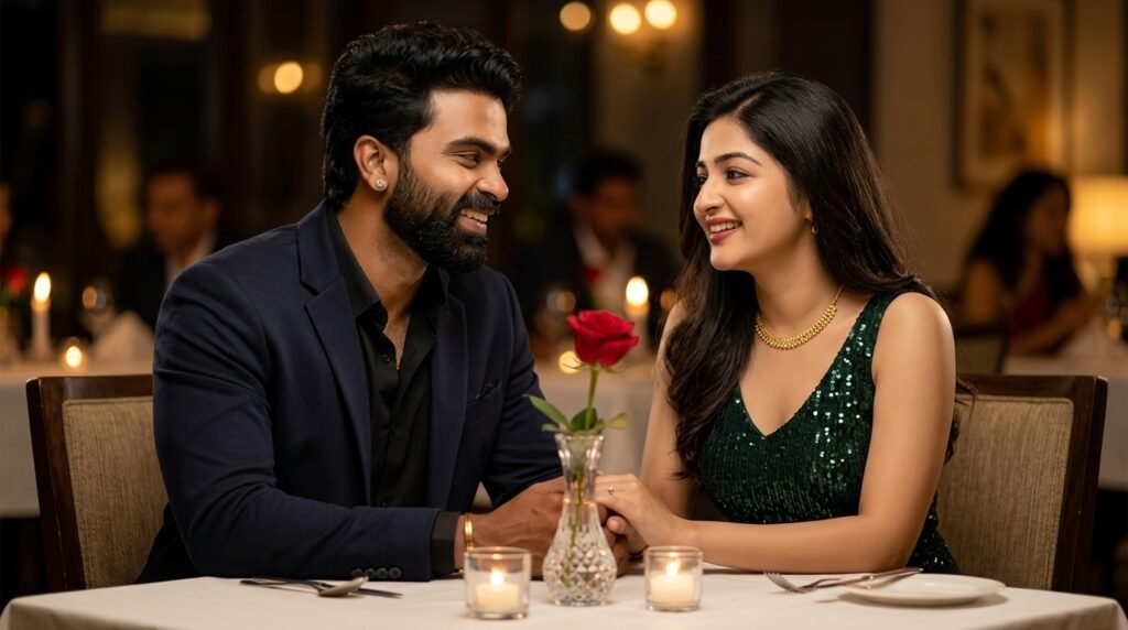 Elegant romantic couple at a fine-dining anniversary dinner with a single rose