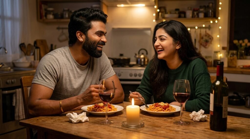 Romantic couple laughing over a candlelit homemade pasta dinner