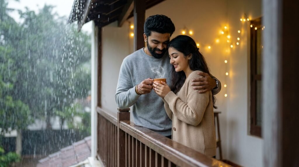 Romantic couple sharing chai on a covered balcony during monsoon rain