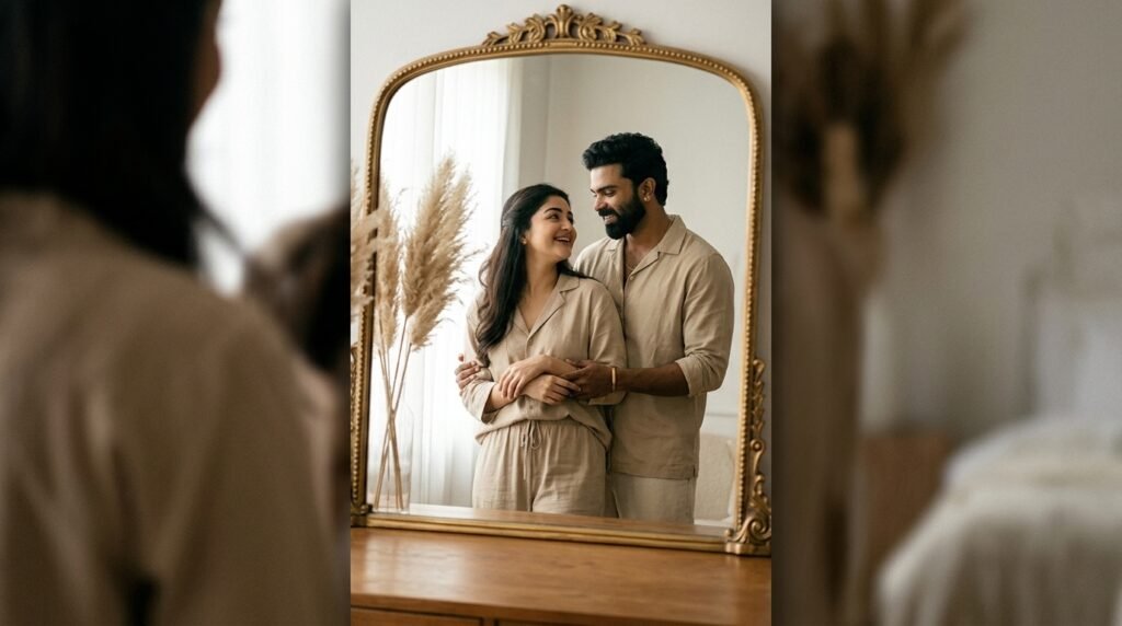 Romantic couple reflected together in a vintage gold-framed mirror