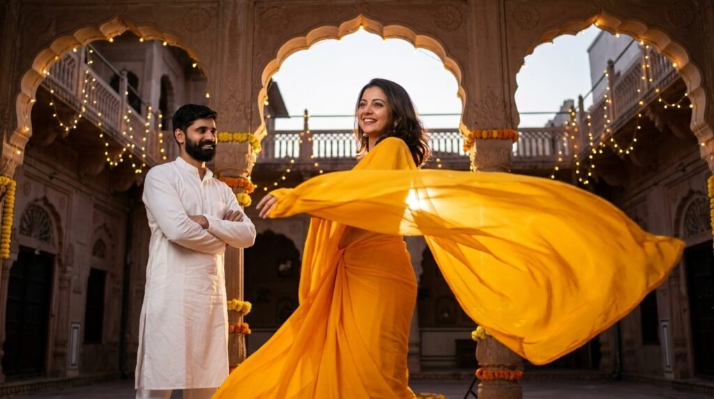 Indian woman twirling in a marigold saree while her partner watches in a haveli courtyard at dusk