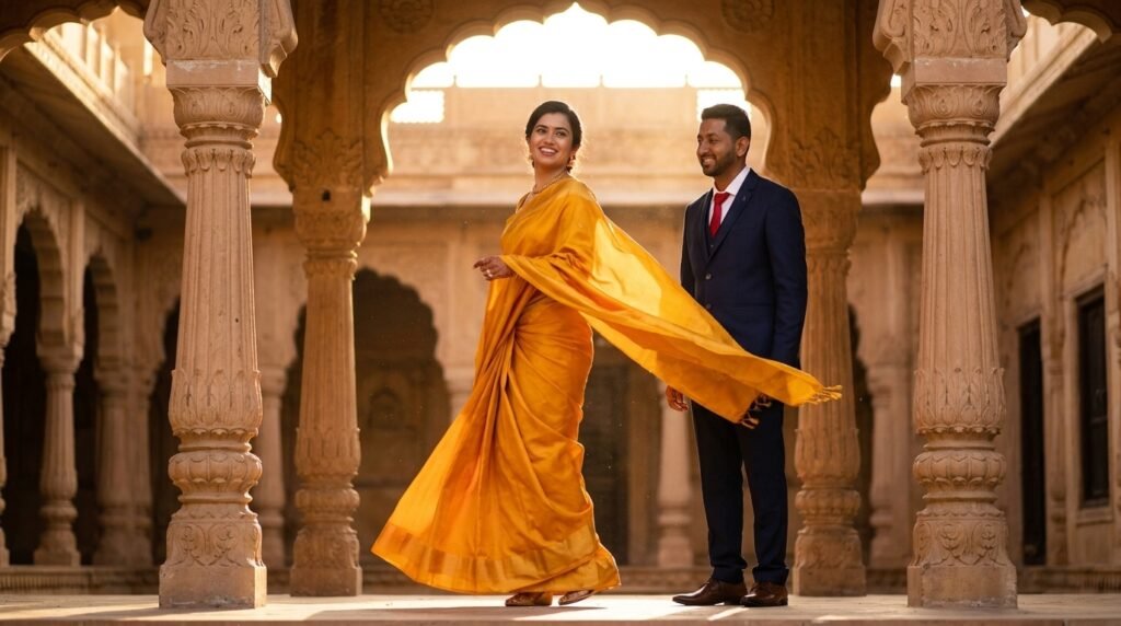 Woman mid-twirl in a marigold saree in a palace courtyard as a man watches beside her