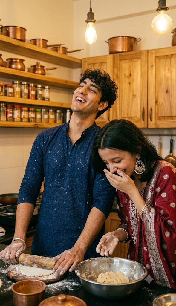 Couple cooking together in a kitchen with flour on their hands and warm tungsten light