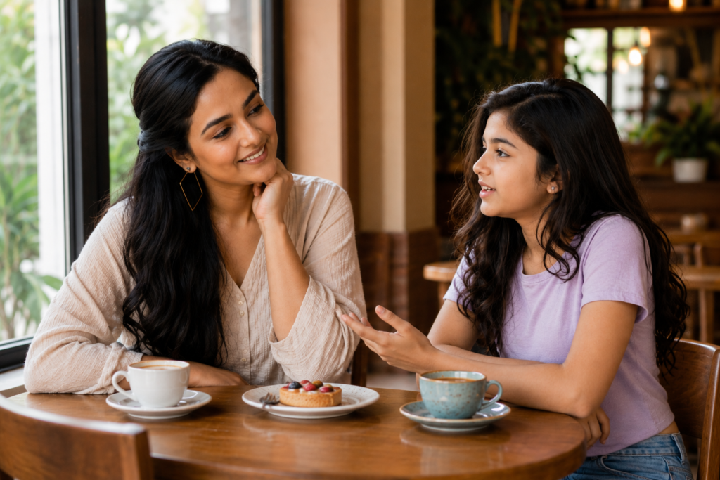 Mother and teenage daughter talking together at a cafe table