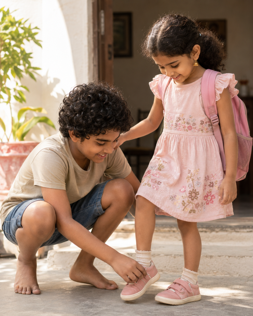 Elder brother helping his younger sister with her shoe