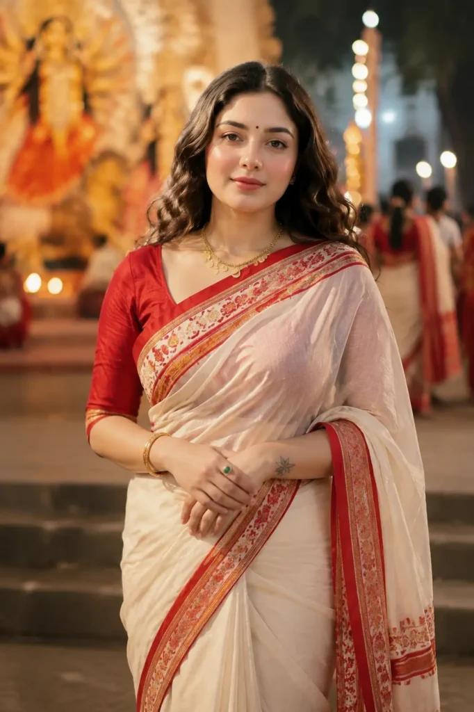Woman wearing a traditional Bengali white saree with red border for Durga Puja