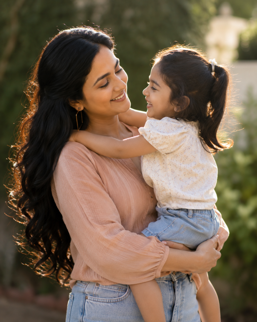 Mother holding her toddler daughter outdoors while they laugh