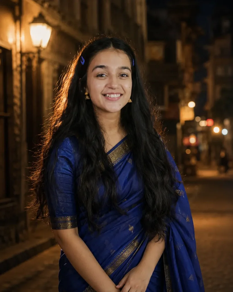 Woman in a royal-blue silk saree photographed on a warmly lit old-city street at night