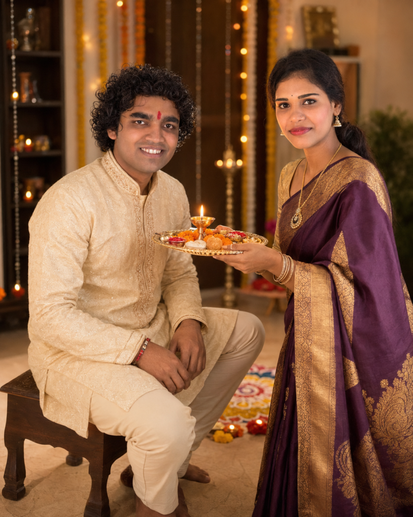 Sister performing Bhai Dooj aarti for her brother