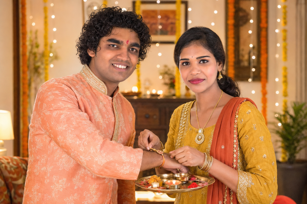 Several sisters celebrating Raksha Bandhan with their brother