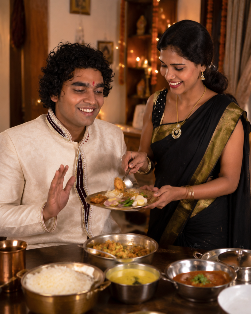 Brother and sister sharing a festive meal after Bhai Dooj