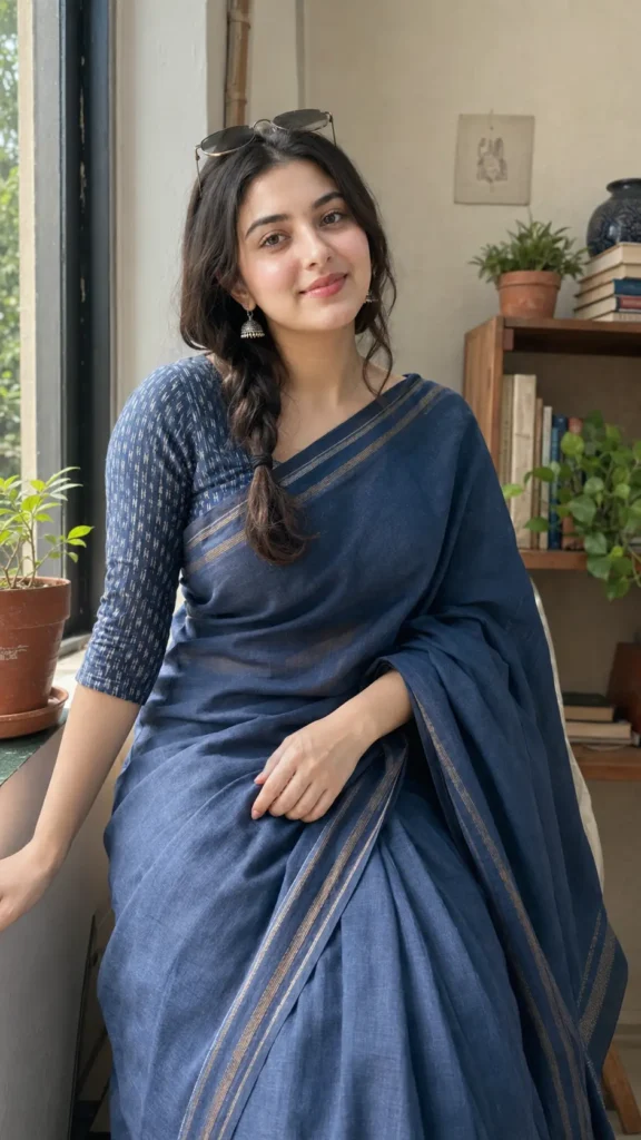 Woman wearing an indigo cotton handloom saree beside a sunlit window
