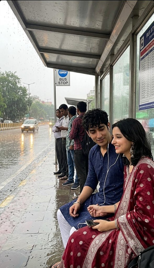 Couple sharing earphones under a rainy bus shelter with wet reflections