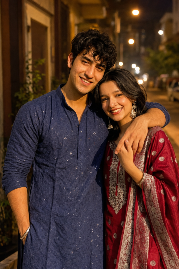 Couple photographed on an evening street under sodium lights with natural skin texture and 50mm depth