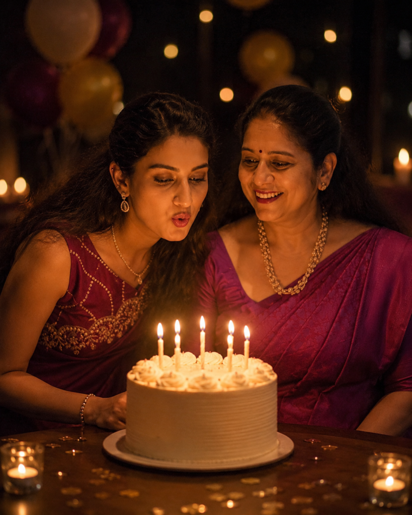 Mother and daughter celebrating a birthday together with a cake