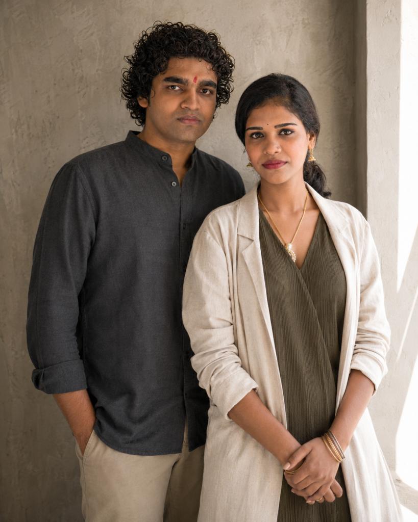 Adult brother and sister posing for a modern editorial portrait