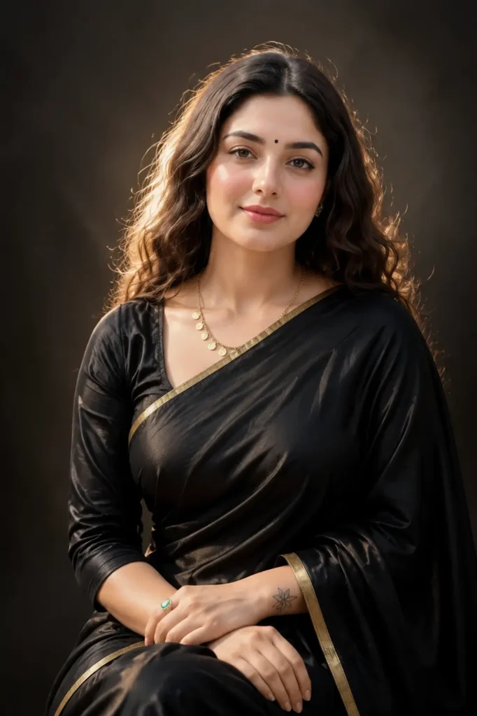Woman wearing an elegant black silk saree with gold border in cinematic studio lighting