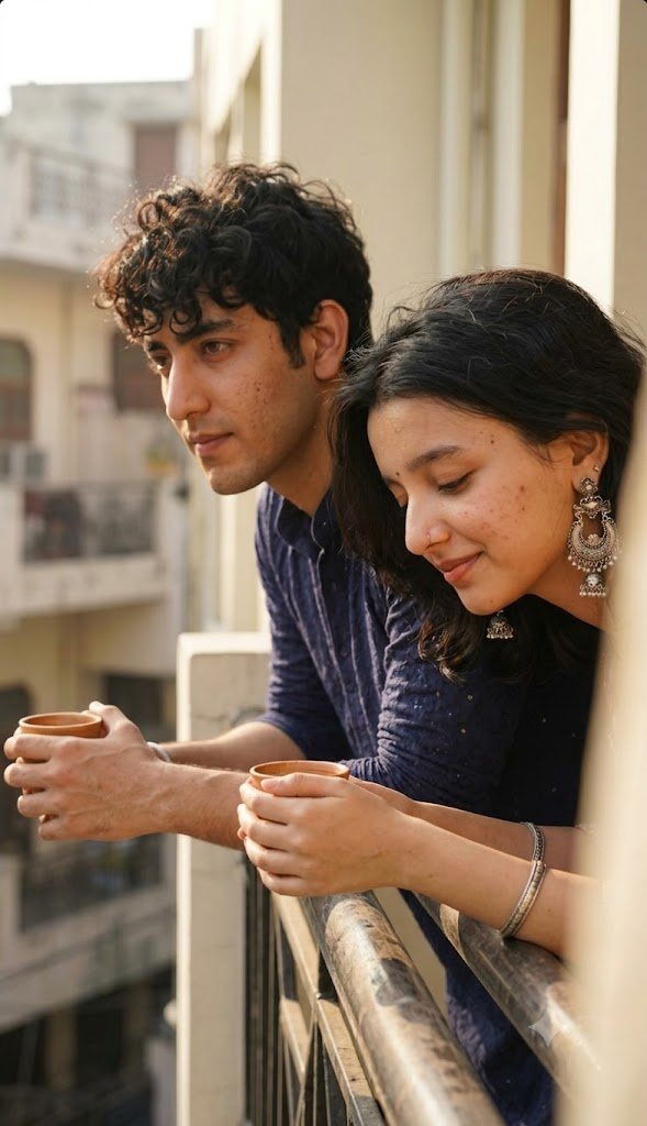 Couple drinking chai on a balcony in soft early-morning light with a natural unposed look