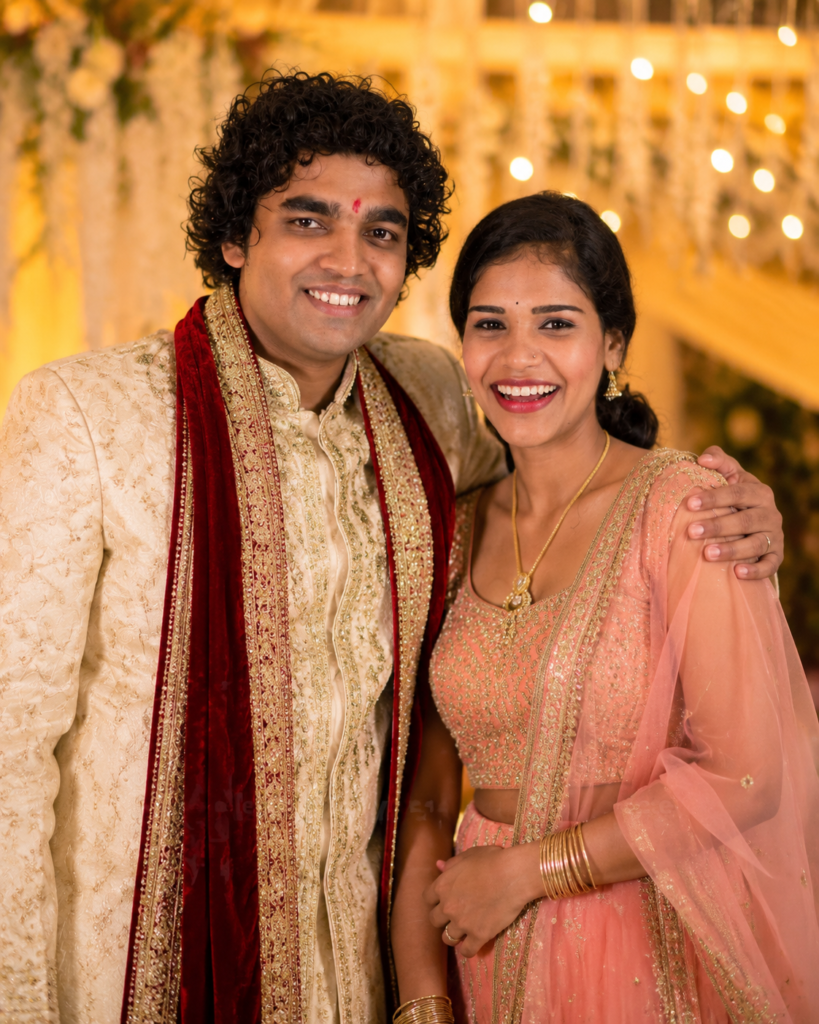 Adult siblings posing together in traditional clothing at a wedding