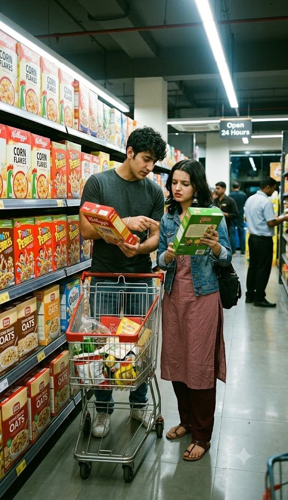 Couple choosing cereal in a supermarket aisle under fluorescent store lighting