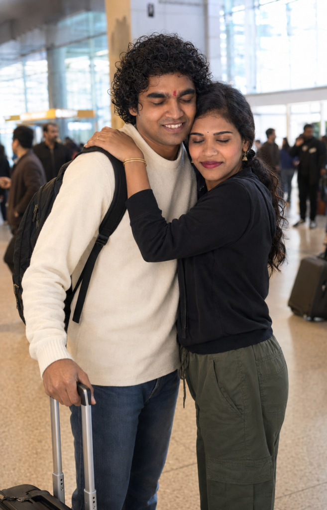 Adult brother and sister reuniting at an airport arrivals hall