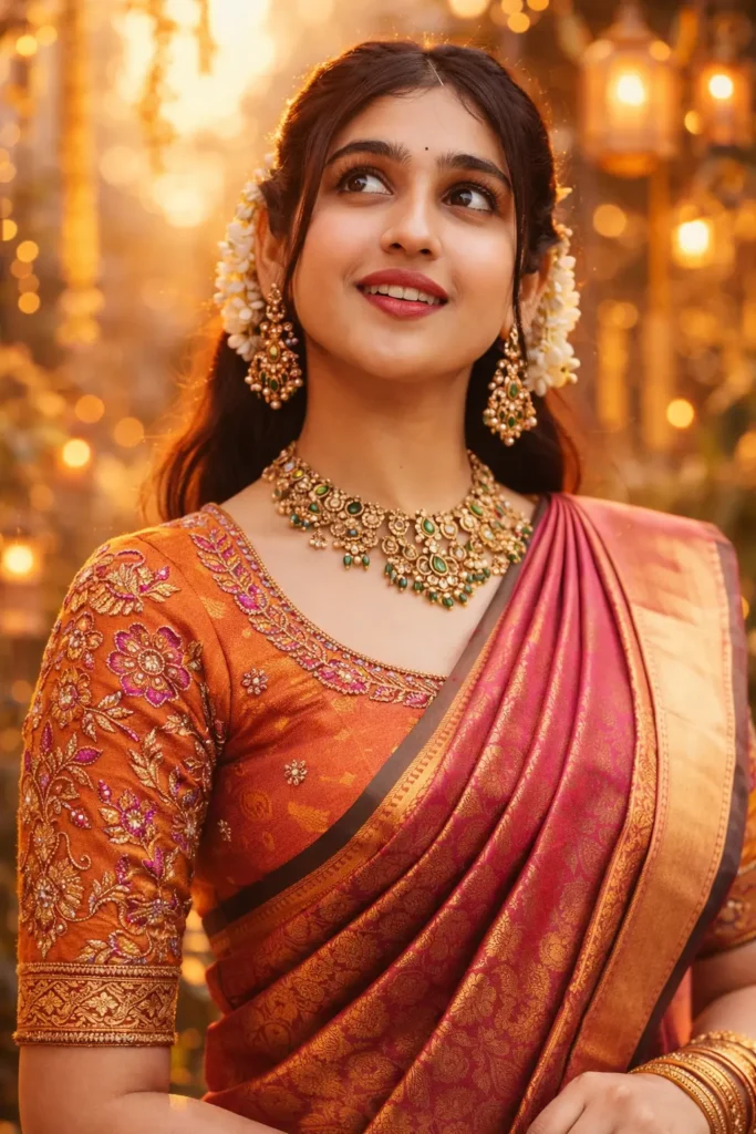 Festive golden hour saree prompt example