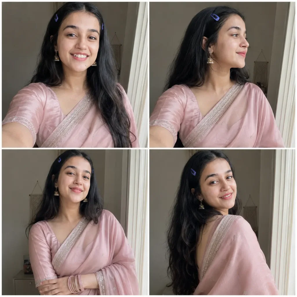 Four-frame smartphone collage of the same woman wearing a blush-pink silk saree