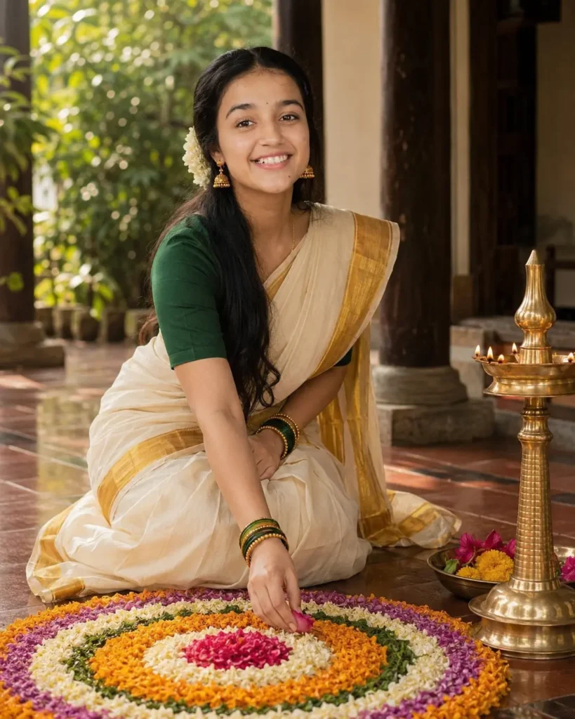 Woman in a cream Kerala Kasavu saree arranging flowers for an Onam pookalam