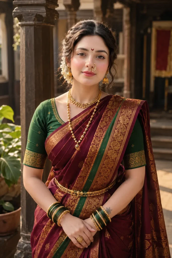 Woman in a traditionally draped Marathi Nauvari saree with nath jewellery
