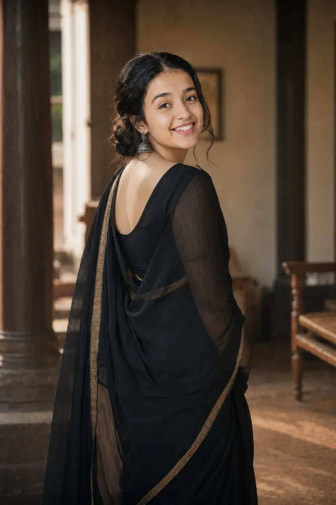 Woman in a black chiffon saree looking naturally over her shoulder